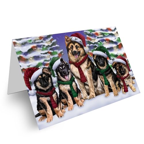 Family Portait Christmas Holiday German Shepherd Dog Greeting Cards - Adorable Pets Invitation Cards with Envelopes - Pet Artwork Christmas Greeting Cards (1 Greeting Card)