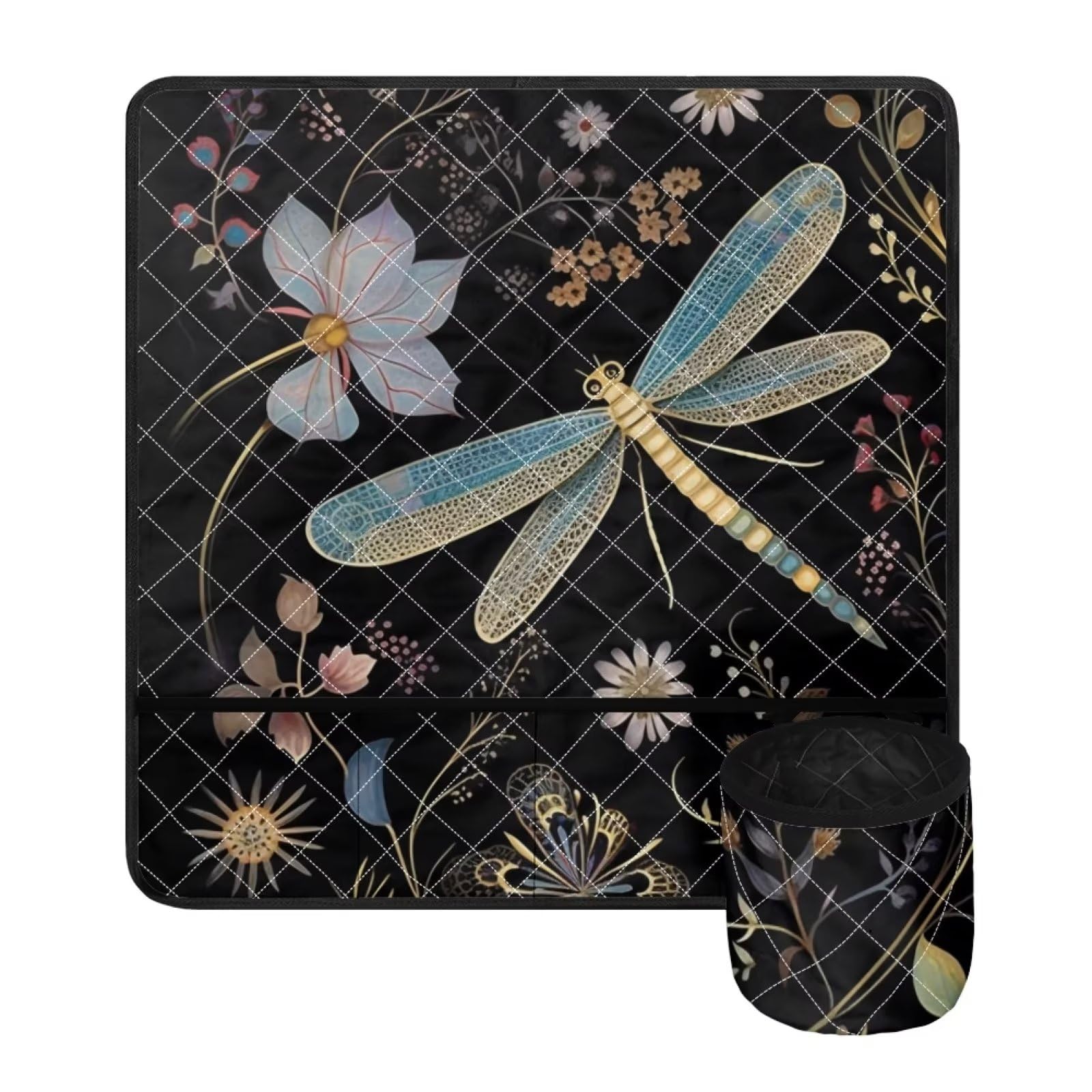 Zanxiantu Dragonfly Flower Sewing Machine Mat Pad with Organizer Storage Pockets Sewing Machine Dust Cover for Table Decor Accessories Non Slip (Black)