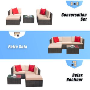 Greesum 5 Piece Patio Conversation Set Wicker Rattan Furniture Outdoor Sofa with Cushions,Pillows & Glass Table for Porch,Lawn and Yard,Beige