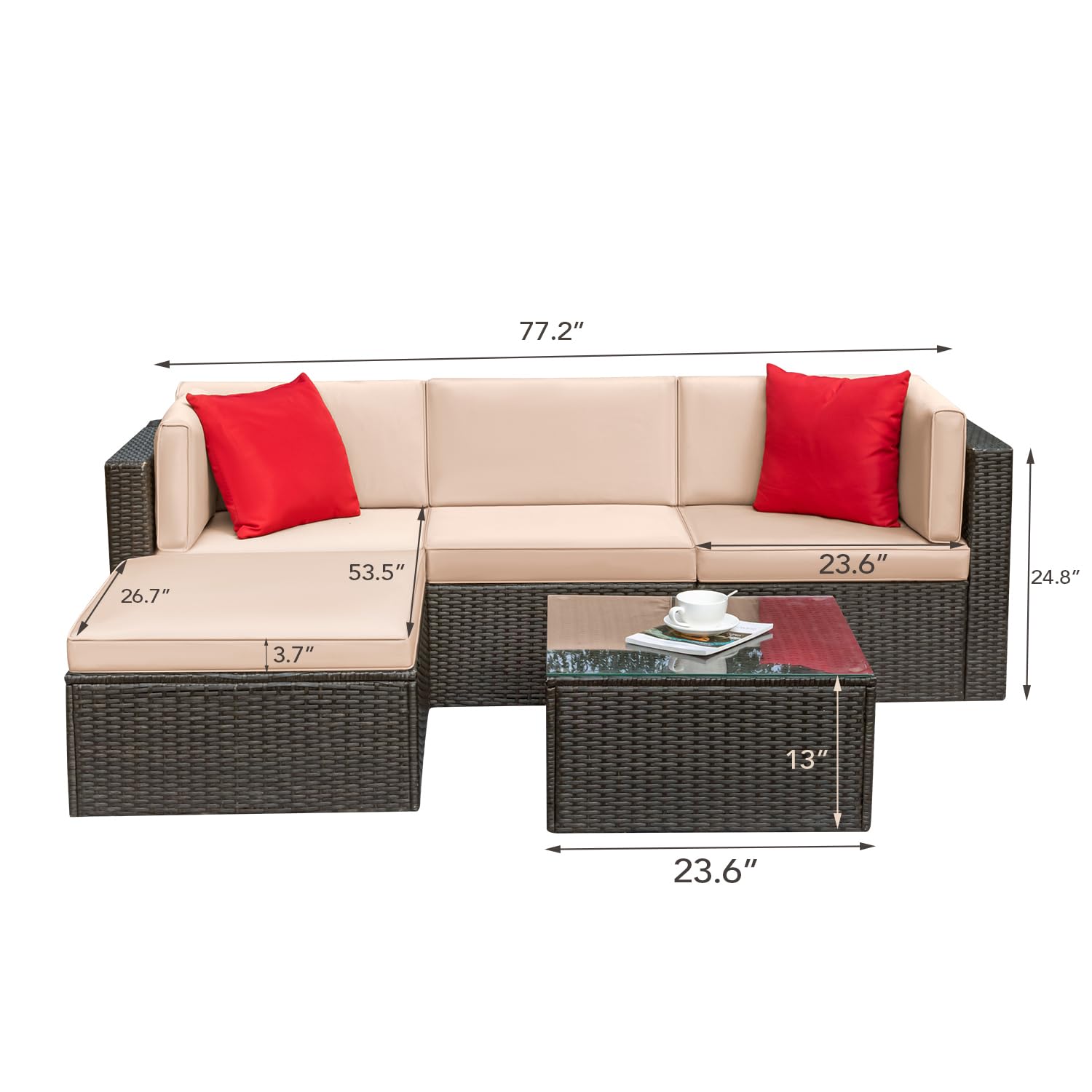 Greesum 5 Piece Patio Conversation Set Wicker Rattan Furniture Outdoor Sofa with Cushions,Pillows & Glass Table for Porch,Lawn and Yard,Beige