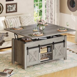 SEDETA Lift Top Coffee Table, 4 in 1 Multi-Function Convertible Coffee Tables with Storage and Hidden Compartment, Farmhouse Coffee Table Converts to Dining Table for Living Room, Grey