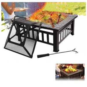 32inch outdoor fire pit table, wood burning firepit with waterproof cover,spark screen and grill, metal square firepits grill and grate for garden,patio,yard and camping