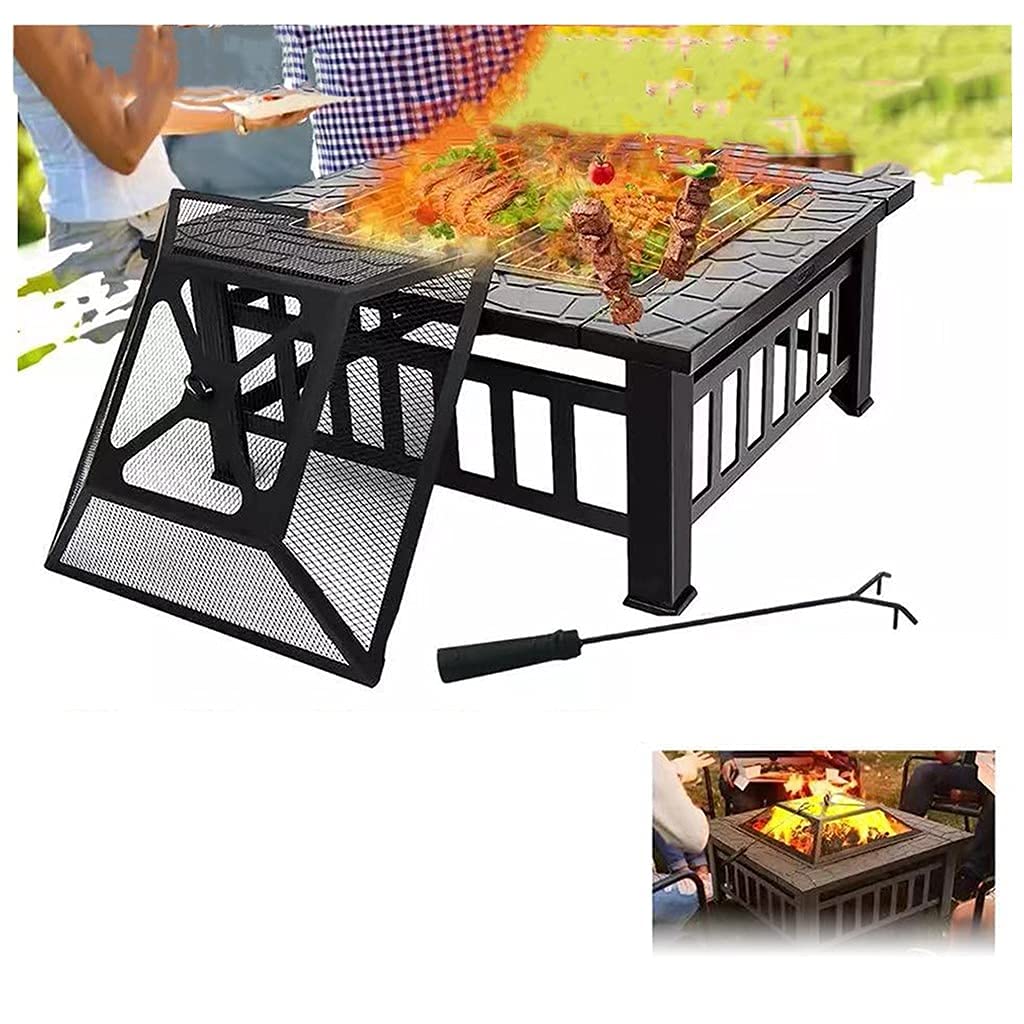 32Inch Outdoor Fire Pit Table, Wood Burning Firepit with Waterproof Cover,Spark Screen and Grill, Metal Square Firepits Grill and Grate for Garden,Patio,Yard and Camping