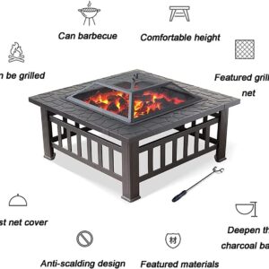 32Inch Outdoor Fire Pit Table, Wood Burning Firepit with Waterproof Cover,Spark Screen and Grill, Metal Square Firepits Grill and Grate for Garden,Patio,Yard and Camping