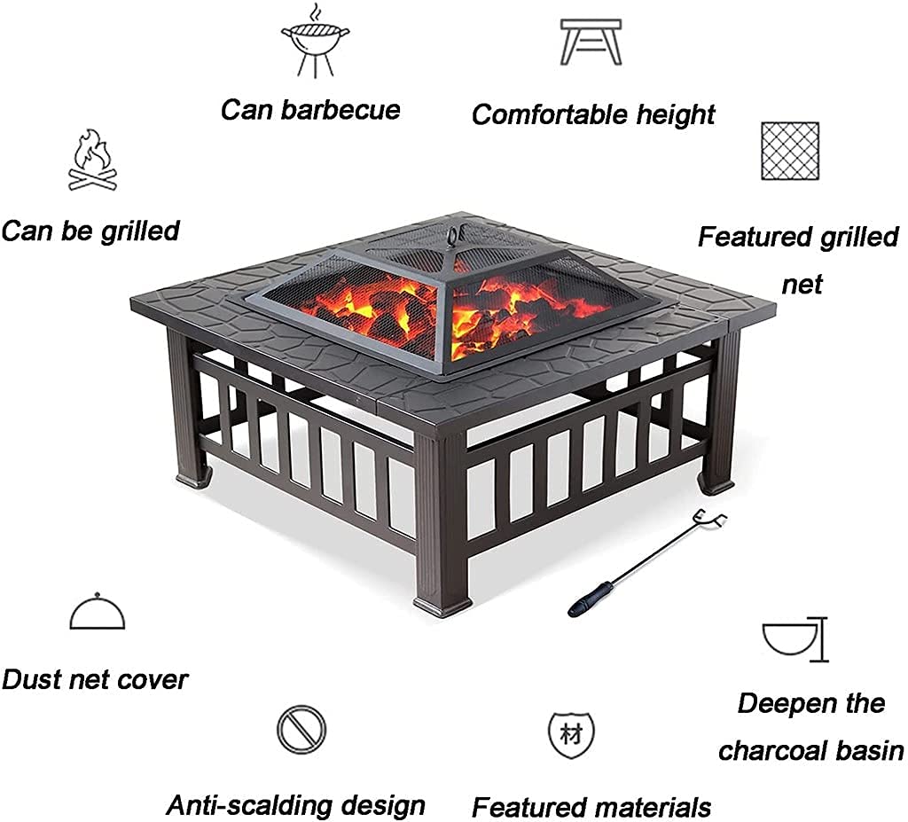 32Inch Outdoor Fire Pit Table, Wood Burning Firepit with Waterproof Cover,Spark Screen and Grill, Metal Square Firepits Grill and Grate for Garden,Patio,Yard and Camping