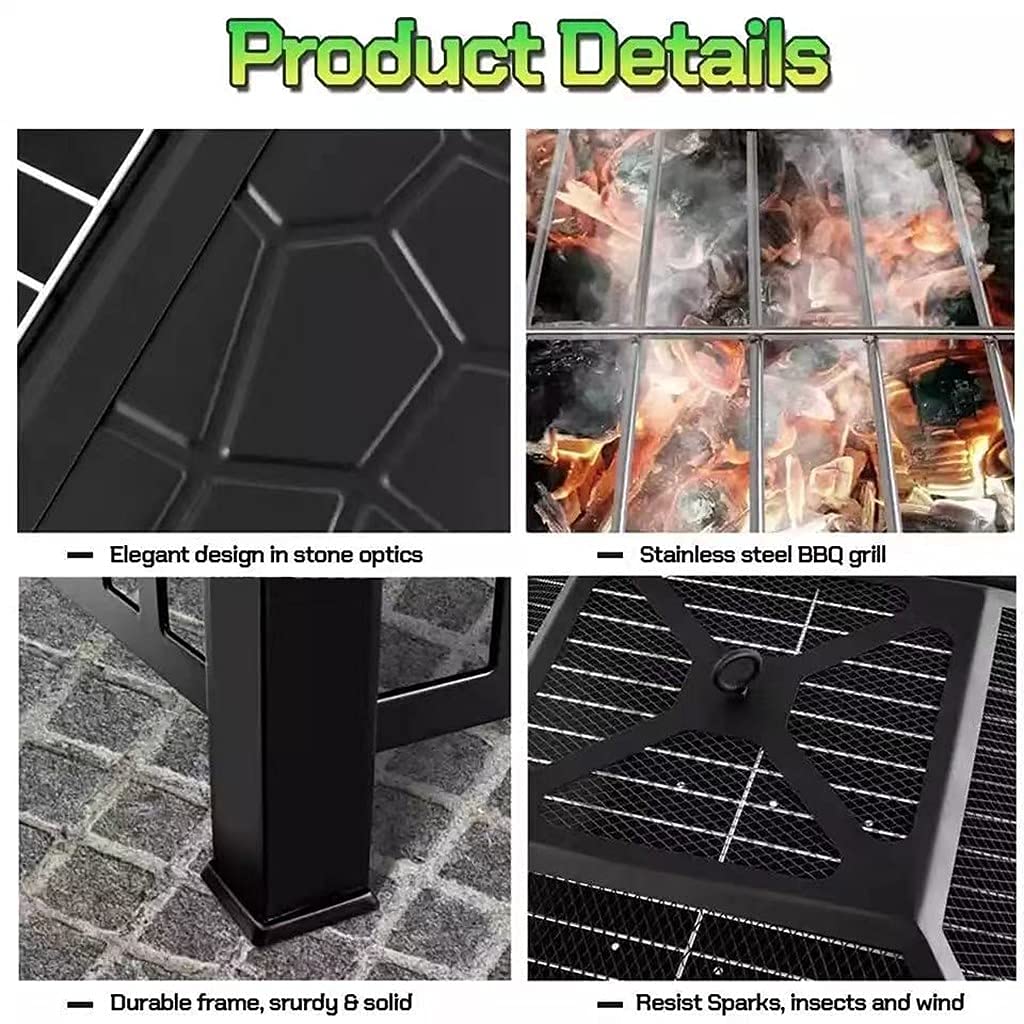 32Inch Outdoor Fire Pit Table, Wood Burning Firepit with Waterproof Cover,Spark Screen and Grill, Metal Square Firepits Grill and Grate for Garden,Patio,Yard and Camping