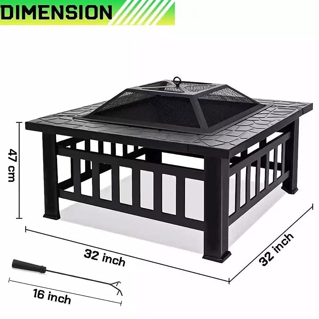 32Inch Outdoor Fire Pit Table, Wood Burning Firepit with Waterproof Cover,Spark Screen and Grill, Metal Square Firepits Grill and Grate for Garden,Patio,Yard and Camping