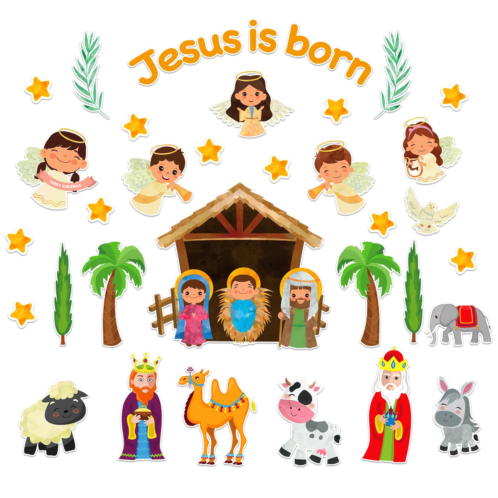 WaaHome Jesus is Born Christian Bulletin Board Decorations Set 38pcs Religious Nativity Scene Cutouts Birth of Jesus Bulletin Board Borders for Kids Christmas Sunday School Classroom Decorations