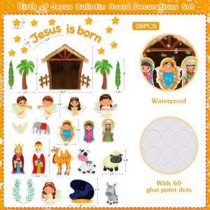 WaaHome Jesus is Born Christian Bulletin Board Decorations Set 38pcs Religious Nativity Scene Cutouts Birth of Jesus Bulletin Board Borders for Kids Christmas Sunday School Classroom Decorations