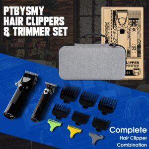 PTBYSMY Hair Clippers for Men, Professional Cordless Barber Clippers and Beard Trimmer Set, Complete Hair Cutting Kit with 16Pcs Guide Combs, LED Display, T Blade Trimmer, Storage Bag for Hair Cutting