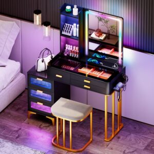 Makeup Vanity Desk with Lights: Vanity Table with Mirror - Dressing Table with Wireless Charging Station & RGB Lights Mobile Vanity with Drawer Glass-Top Design Girls Black Vanity for Bedroom