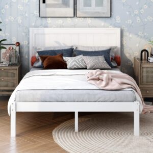 Merax Wood Platform Bed with Headboard, Platform Bed with Wood Slat Support, No Box Spring Needed,Full Size,White