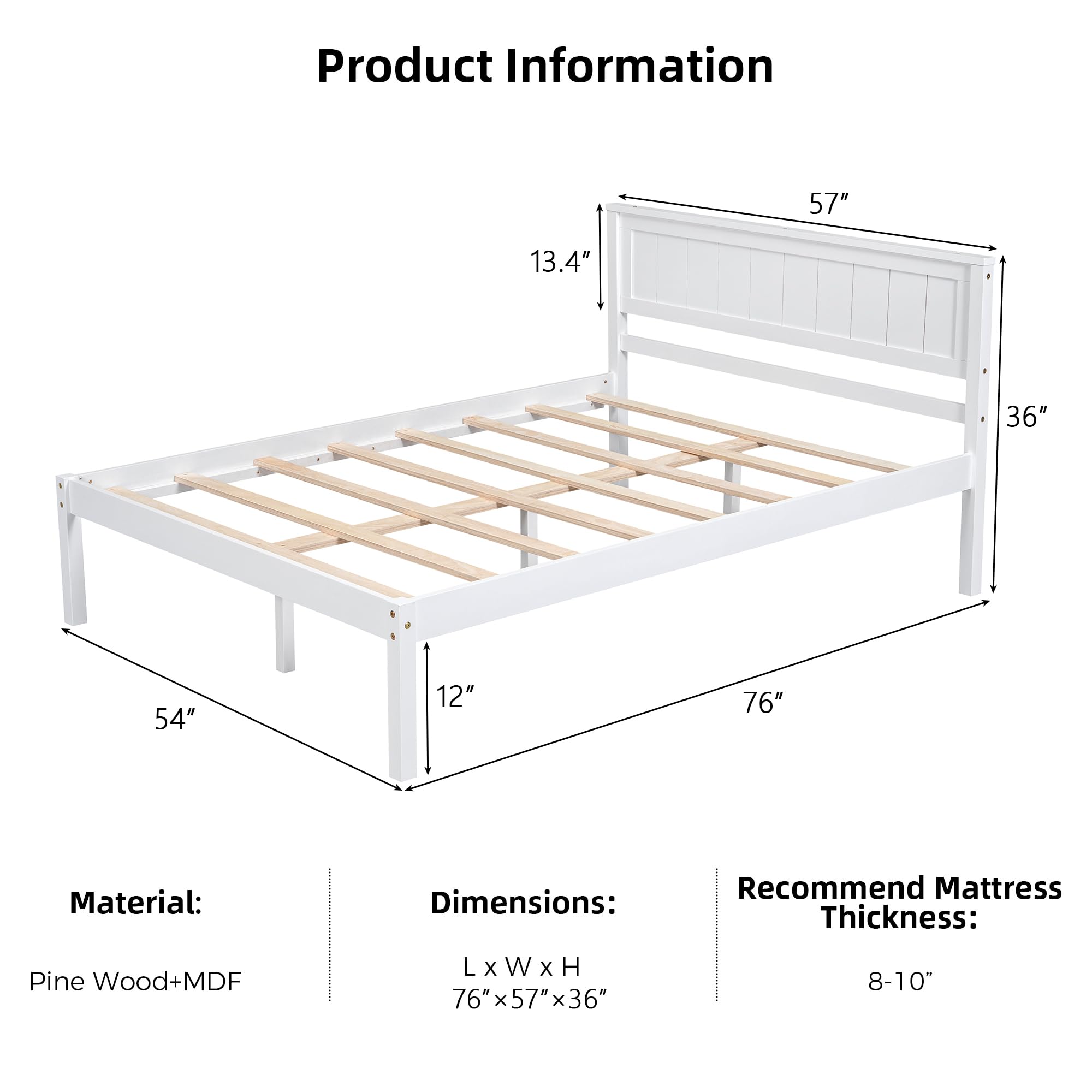 Merax Wood Platform Bed with Headboard, Platform Bed with Wood Slat Support, No Box Spring Needed,Full Size,White