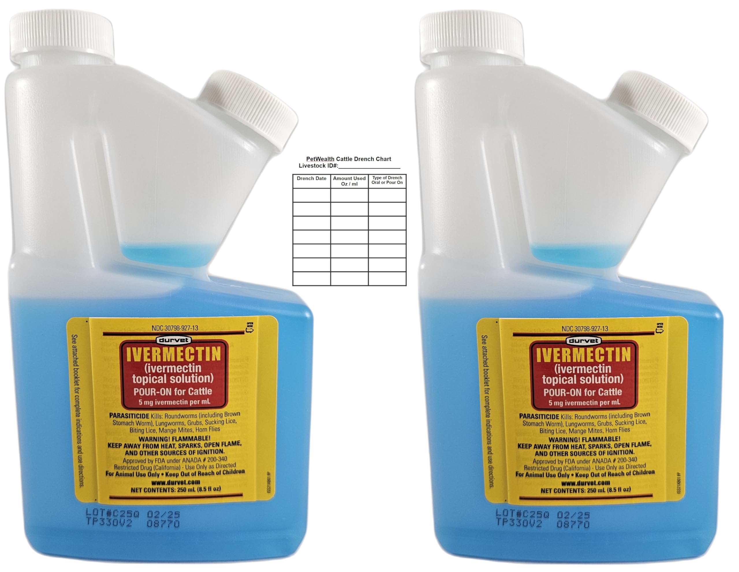 PetWealth Bundle containing Durvet Ivermectin Pour-On Dewormer for Cattle (250 mL) 2Pack and PetWealth Drench Chart