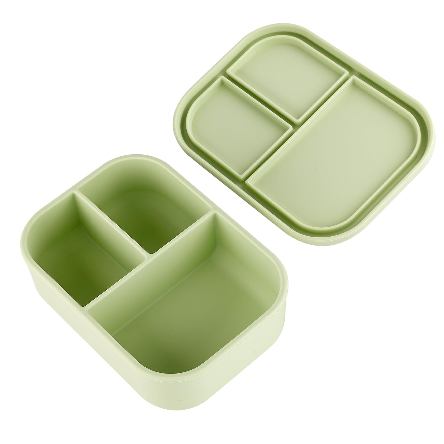 XIHIRCD Leak Proof Bento Box, Silicone Lunch Box for Kids & Adult, BPA, PVC & Phthalate Free Bento Lunch Box with Leak-proof Lid and 3 Compartments(Matcha Green)