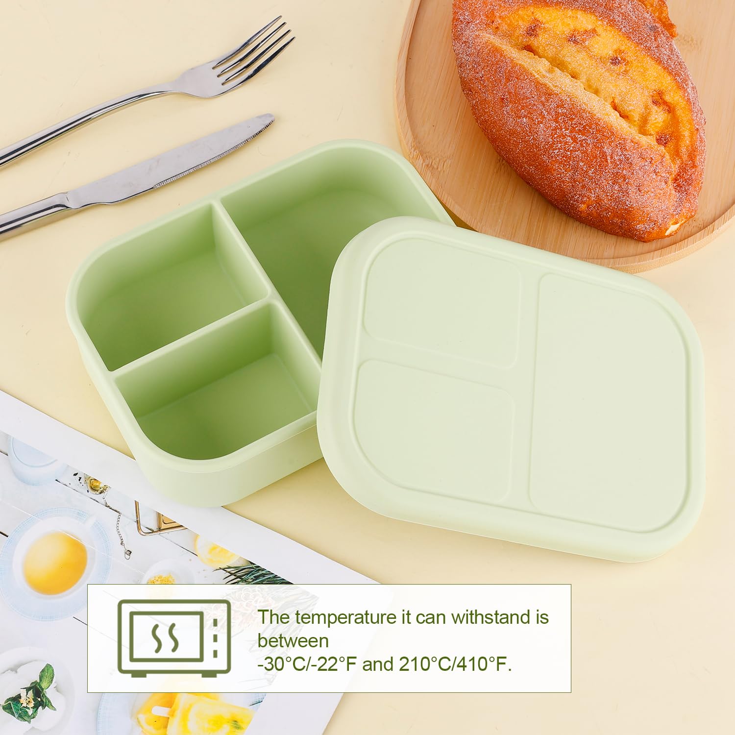 XIHIRCD Leak Proof Bento Box, Silicone Lunch Box for Kids & Adult, BPA, PVC & Phthalate Free Bento Lunch Box with Leak-proof Lid and 3 Compartments(Matcha Green)