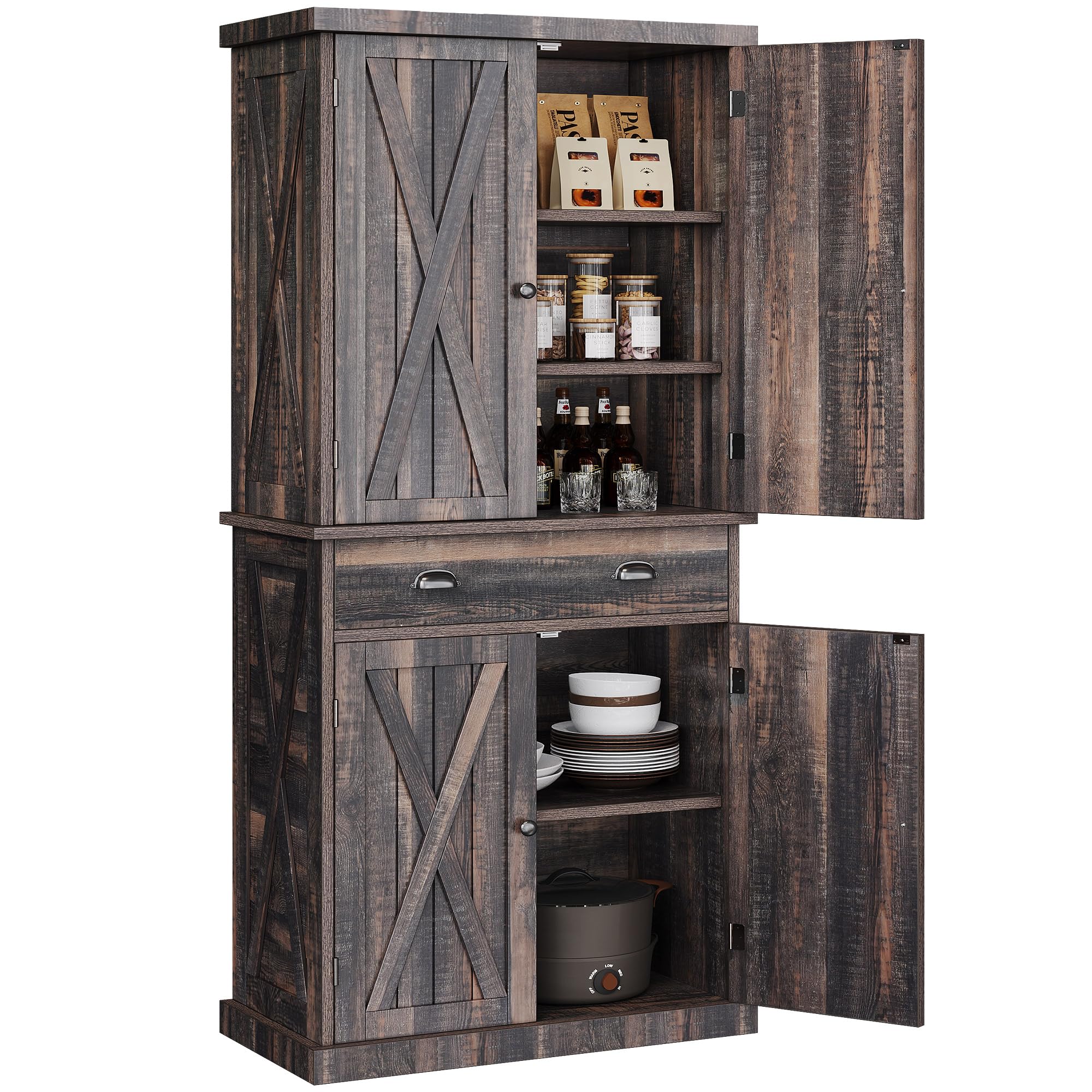 YITAHOME 72'' Farmhouse Kitchen Pantry, Wood Kitchen Storage Cabinets with Drawer and Adjustable Shelves, Kitchen Versatile Storage for Kitchen, Dining Room, Living Room, Dark Rustic Oak