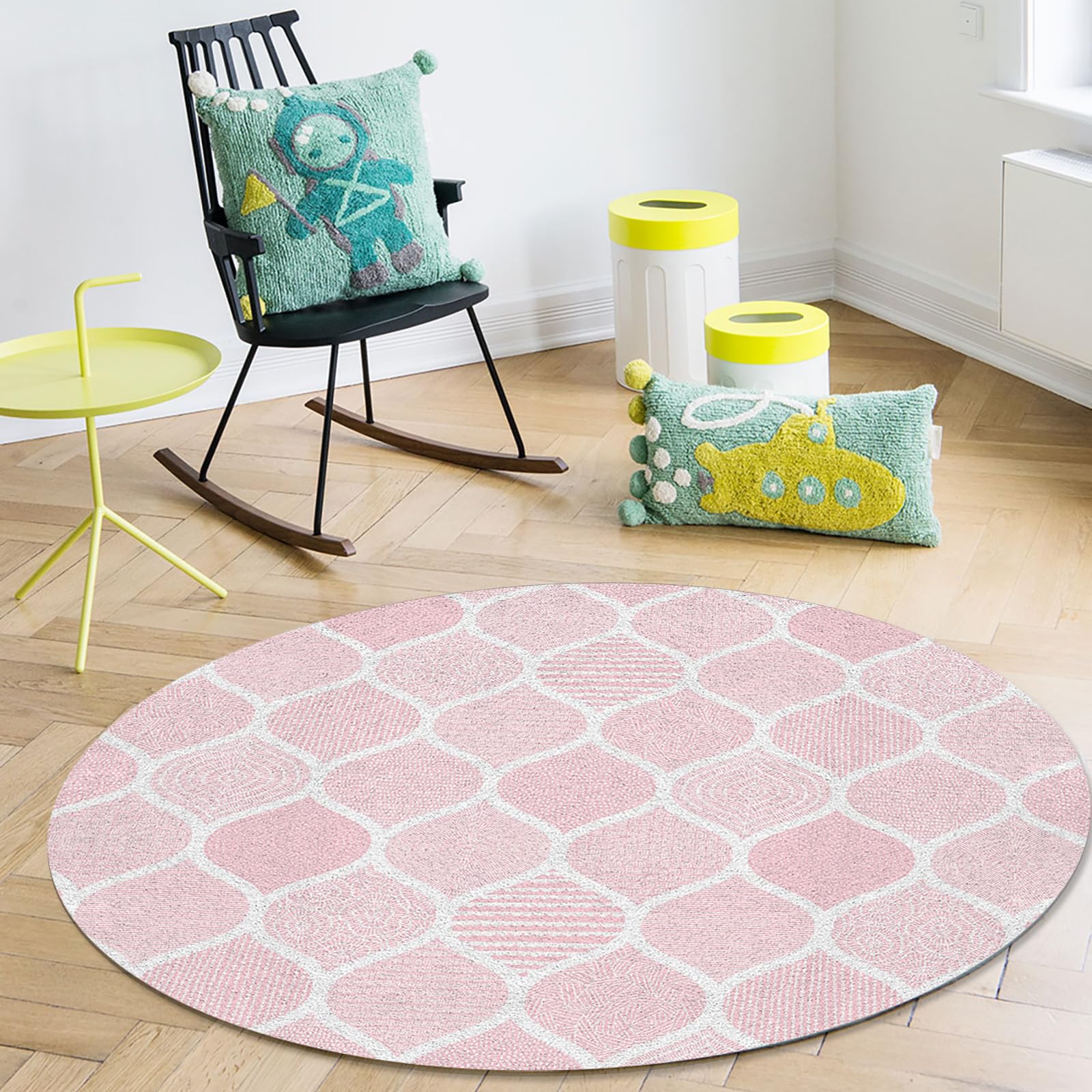 Morocco Pink Area Rug Carpet for Kids Teen Girls Boys Bedroom, Living Room, Washable Outdoor Indoor Accent Throw Runner Floor Mat Area+Rug Geometric Minimalist Boho Indian Print 3FT(Round)