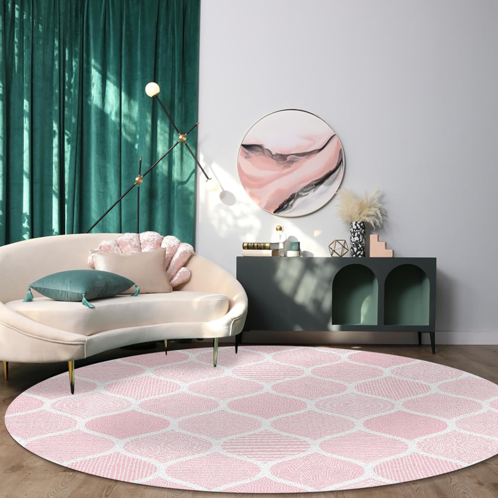 Morocco Pink Area Rug Carpet for Kids Teen Girls Boys Bedroom, Living Room, Washable Outdoor Indoor Accent Throw Runner Floor Mat Area+Rug Geometric Minimalist Boho Indian Print 3FT(Round)