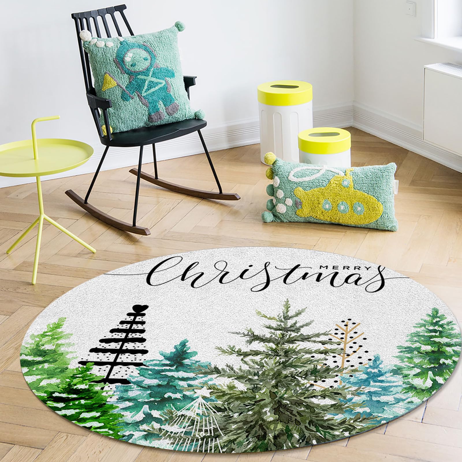 Forest Christmas Tree Area Rug Carpet for Kids Teen Girls Boys Bedroom, Living Room, Washable Outdoor Indoor Accent Throw Runner Floor Mat Area+Rug Green Winter Boho Dots 6FT(Round)