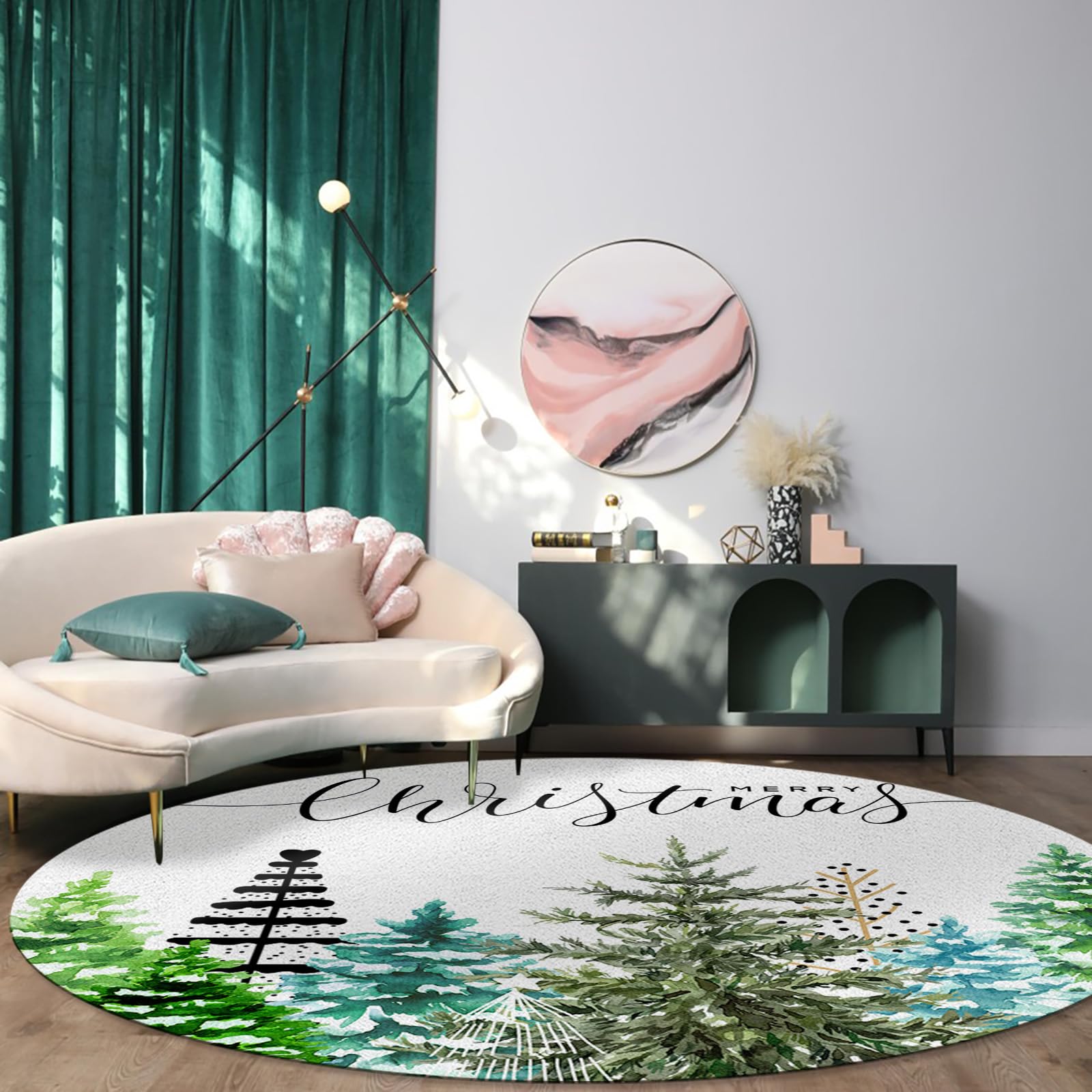 Forest Christmas Tree Area Rug Carpet for Kids Teen Girls Boys Bedroom, Living Room, Washable Outdoor Indoor Accent Throw Runner Floor Mat Area+Rug Green Winter Boho Dots 6FT(Round)