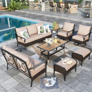 Sophia & William Large Outdoor Patio Furniture Set, 9 Seats Patio Modern Conversation Sets Metal Porch Furniture with 3-Seat Sofa, 1 Loveseat, 2 Swivel Sofa Chairs & Ottoman, 1 Coffee Table(Beige)