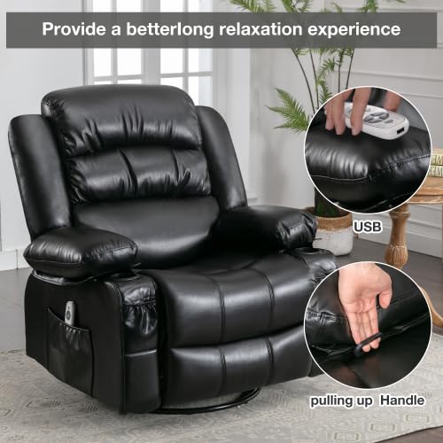 Massage Swivel Rocker Recliner Chair with Vibration Massage and Heat Ergonomic Lounge Chair for Living Room with Rocking Function and Side Pocket 2 Cup Holders USB Charge Port (Black)