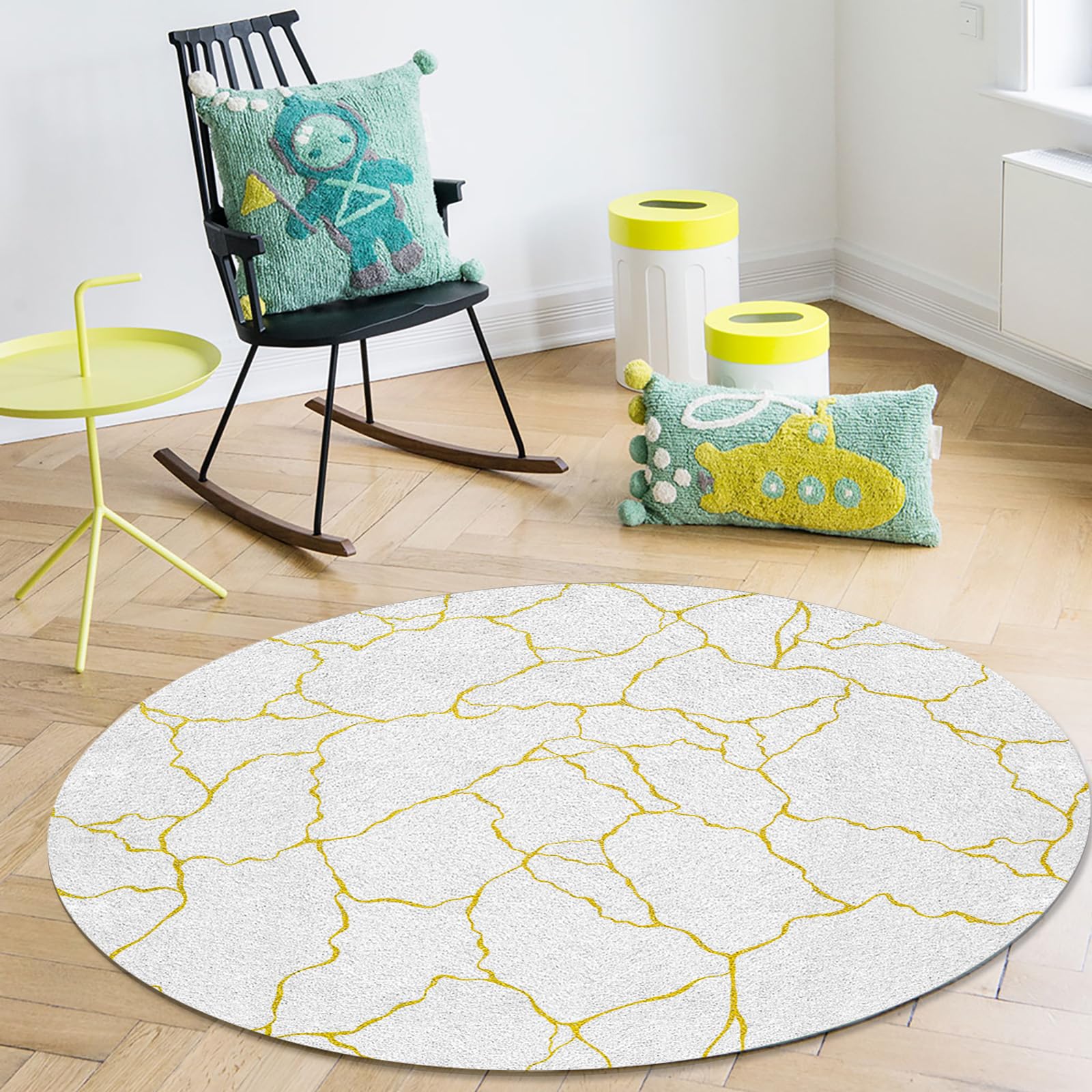 Contemporary Area Rug Carpet for Kids Teen Girls Boys Bedroom, Living Room, Washable Outdoor Indoor Accent Throw Runner Floor Mat Area+Rug Gold White Minimalist Geometric Line 3.3FT(Round)