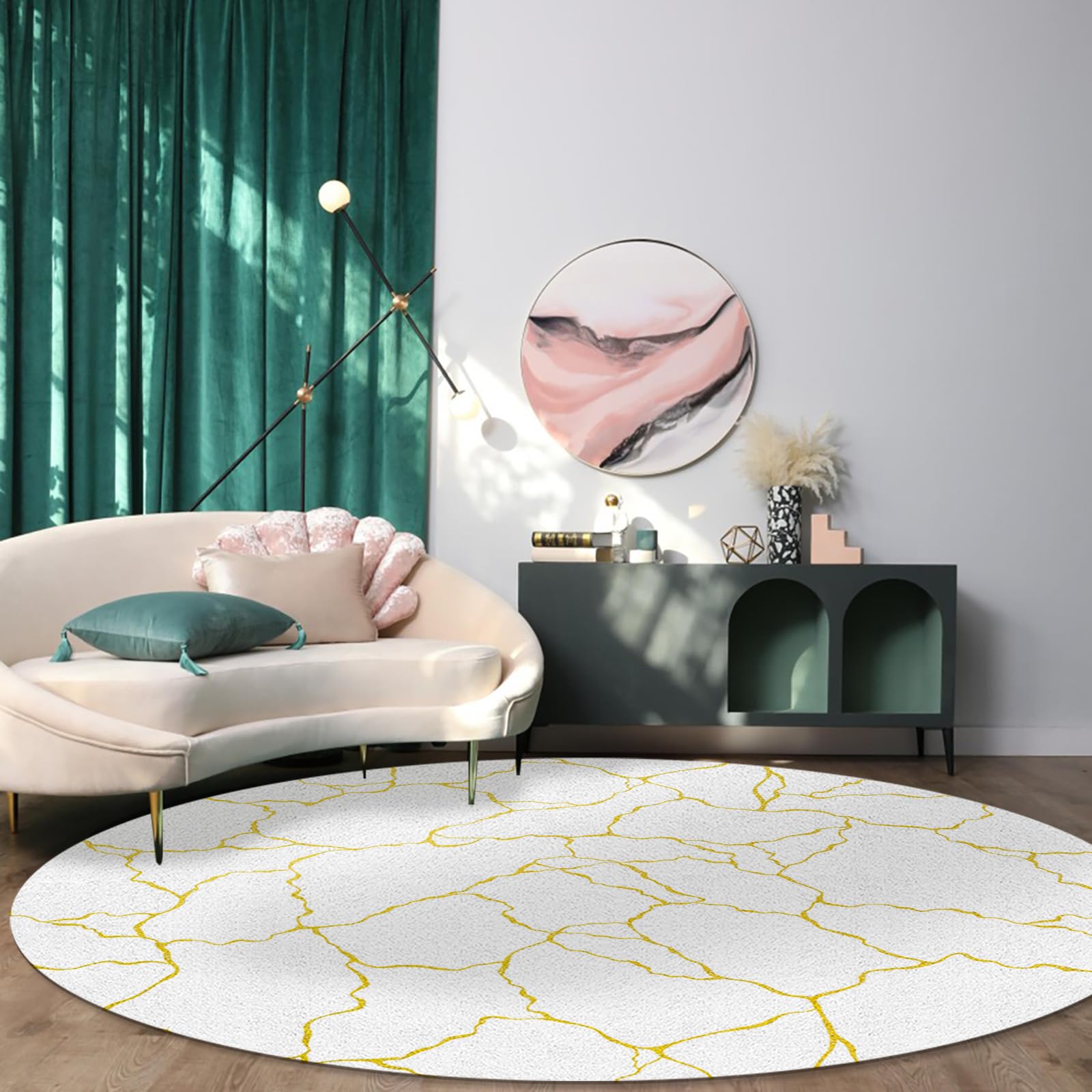 Contemporary Area Rug Carpet for Kids Teen Girls Boys Bedroom, Living Room, Washable Outdoor Indoor Accent Throw Runner Floor Mat Area+Rug Gold White Minimalist Geometric Line 3.3FT(Round)