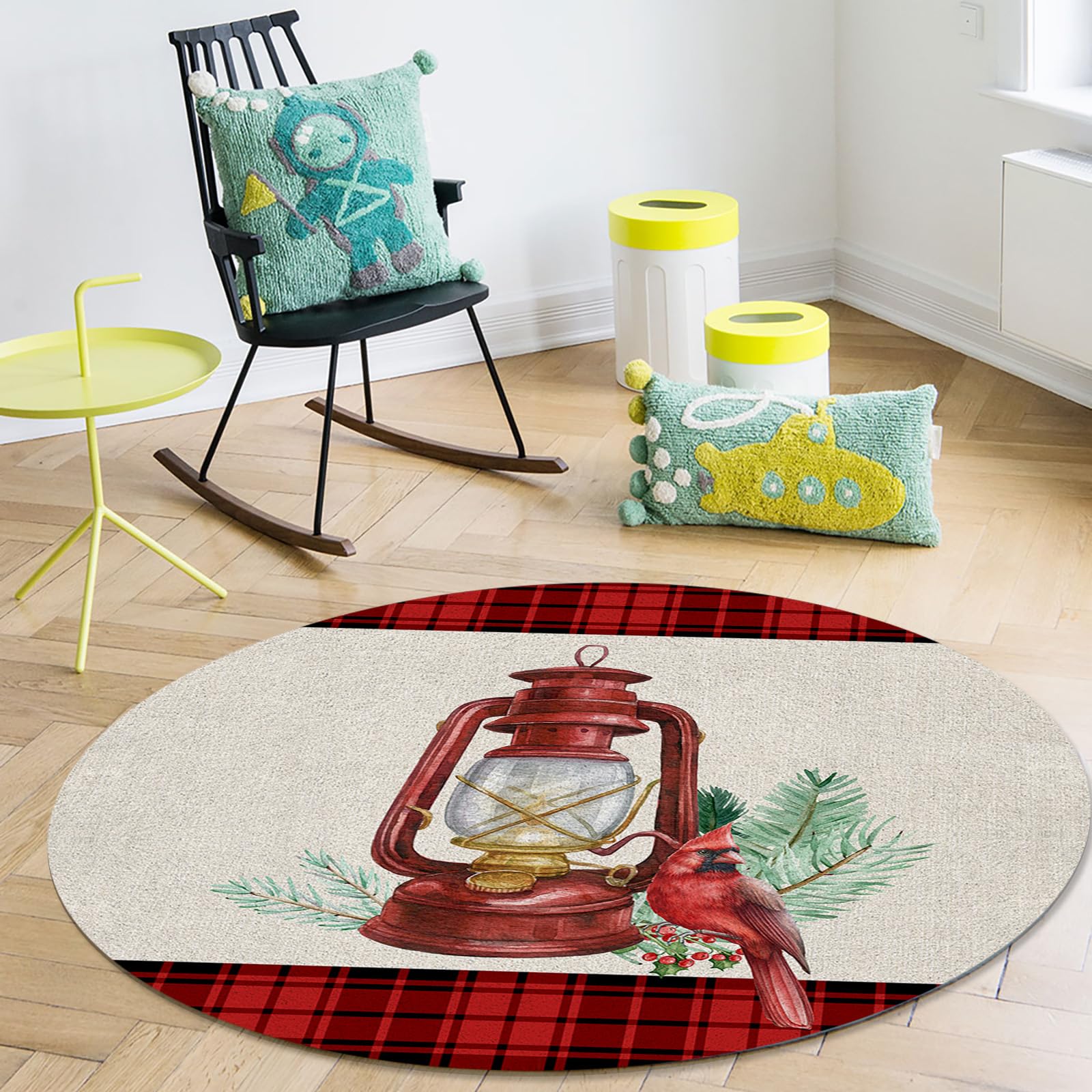 Christmas Bird Area Rug Carpet for Kids Teen Girls Boys Bedroom, Living Room, Washable Outdoor Indoor Accent Throw Runner Floor Mat Area+Rug Retro Red Buffalo Plaid Lattice 3.3FT(Round)