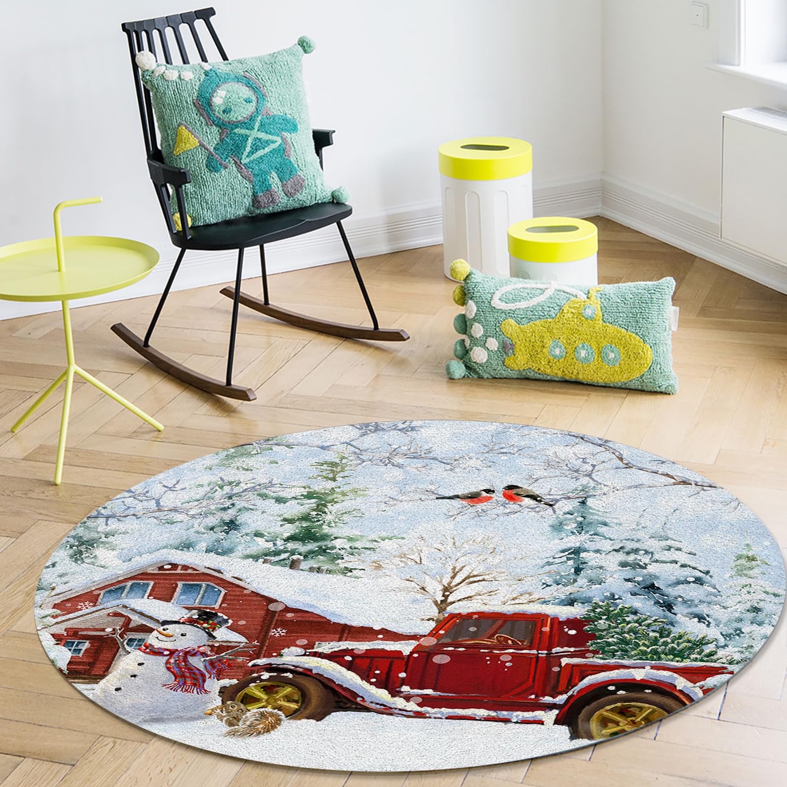 Christmas Area Rug Carpet for Kids Teen Girls Boys Bedroom, Living Room, Washable Outdoor Indoor Accent Throw Runner Floor Mat Area+Rug Red Snowy Truck Farmhouse Xmas Tree 3FT(Round)