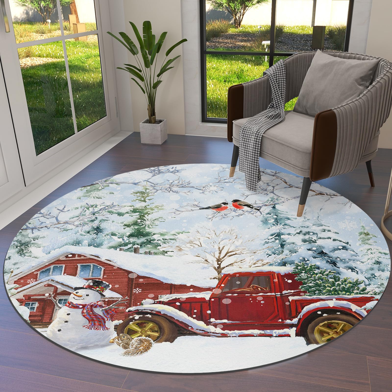 Christmas Area Rug Carpet for Kids Teen Girls Boys Bedroom, Living Room, Washable Outdoor Indoor Accent Throw Runner Floor Mat Area+Rug Red Snowy Truck Farmhouse Xmas Tree 3FT(Round)