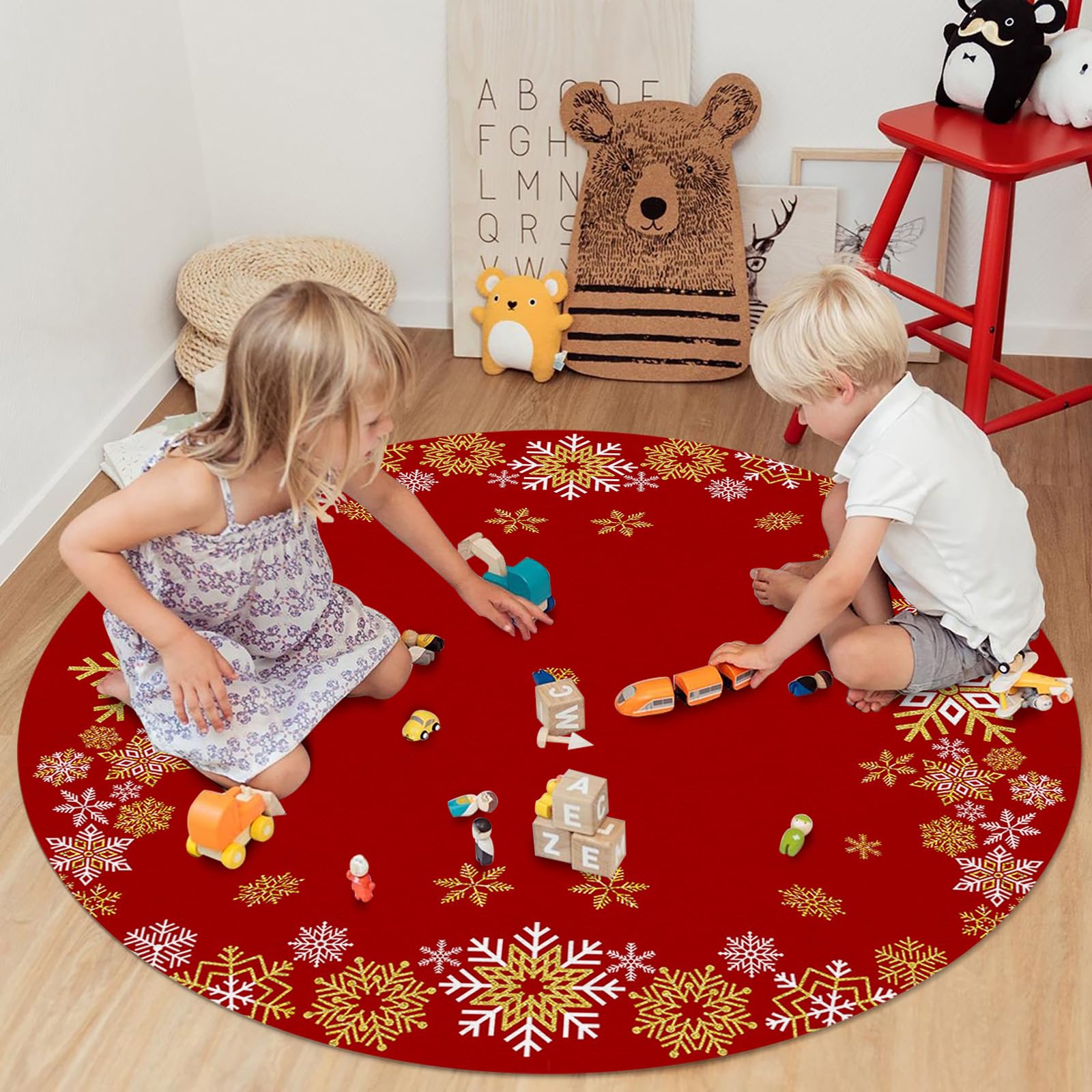 Christmas Snowflake Area Rug Carpet for Kids Teen Girls Boys Bedroom, Living Room, Washable Outdoor Indoor Accent Throw Runner Floor Mat Area+Rug Red Golden Xmas Holiday 3FT(Round)