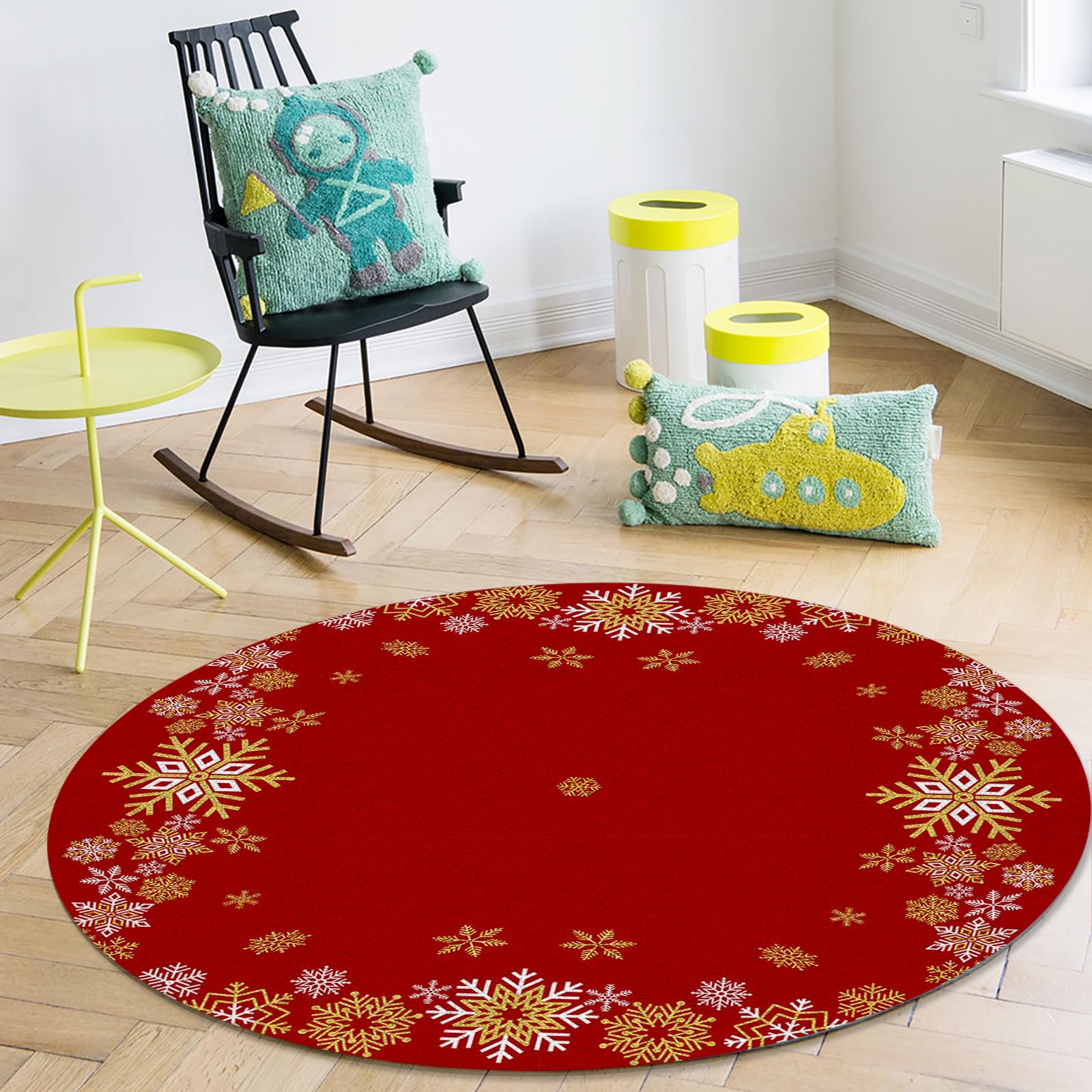 Christmas Snowflake Area Rug Carpet for Kids Teen Girls Boys Bedroom, Living Room, Washable Outdoor Indoor Accent Throw Runner Floor Mat Area+Rug Red Golden Xmas Holiday 3FT(Round)