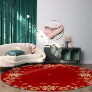 Christmas Snowflake Area Rug Carpet for Kids Teen Girls Boys Bedroom, Living Room, Washable Outdoor Indoor Accent Throw Runner Floor Mat Area+Rug Red Golden Xmas Holiday 3FT(Round)