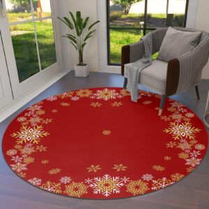 Christmas Snowflake Area Rug Carpet for Kids Teen Girls Boys Bedroom, Living Room, Washable Outdoor Indoor Accent Throw Runner Floor Mat Area+Rug Red Golden Xmas Holiday 3FT(Round)