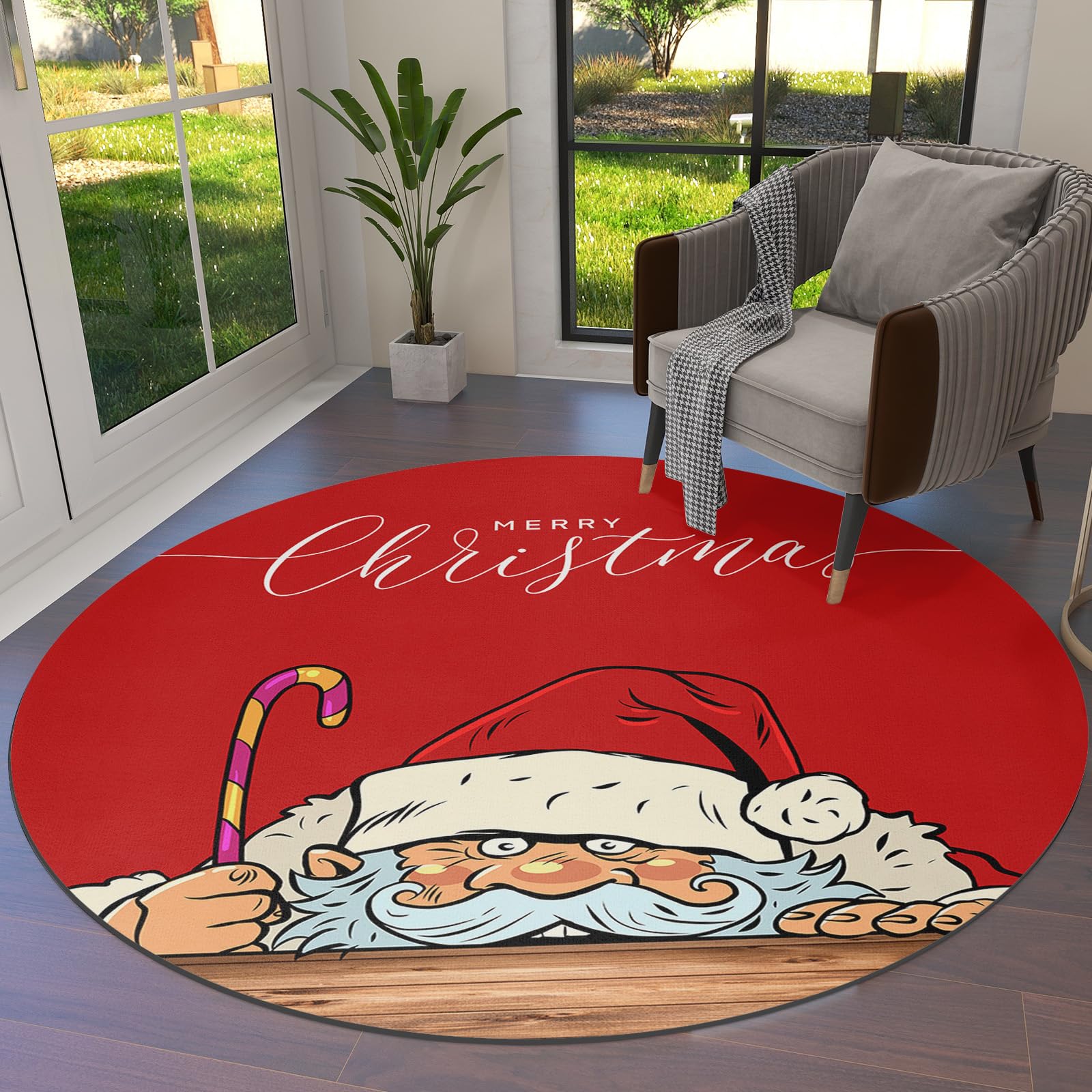 Red Santa Area Rug Carpet for Kids Teen Girls Boys Bedroom, Living Room, Washable Outdoor Indoor Accent Throw Runner Floor Mat Area+Rug Merry Christmas Summer Brown Farmhouse 3FT(Round)