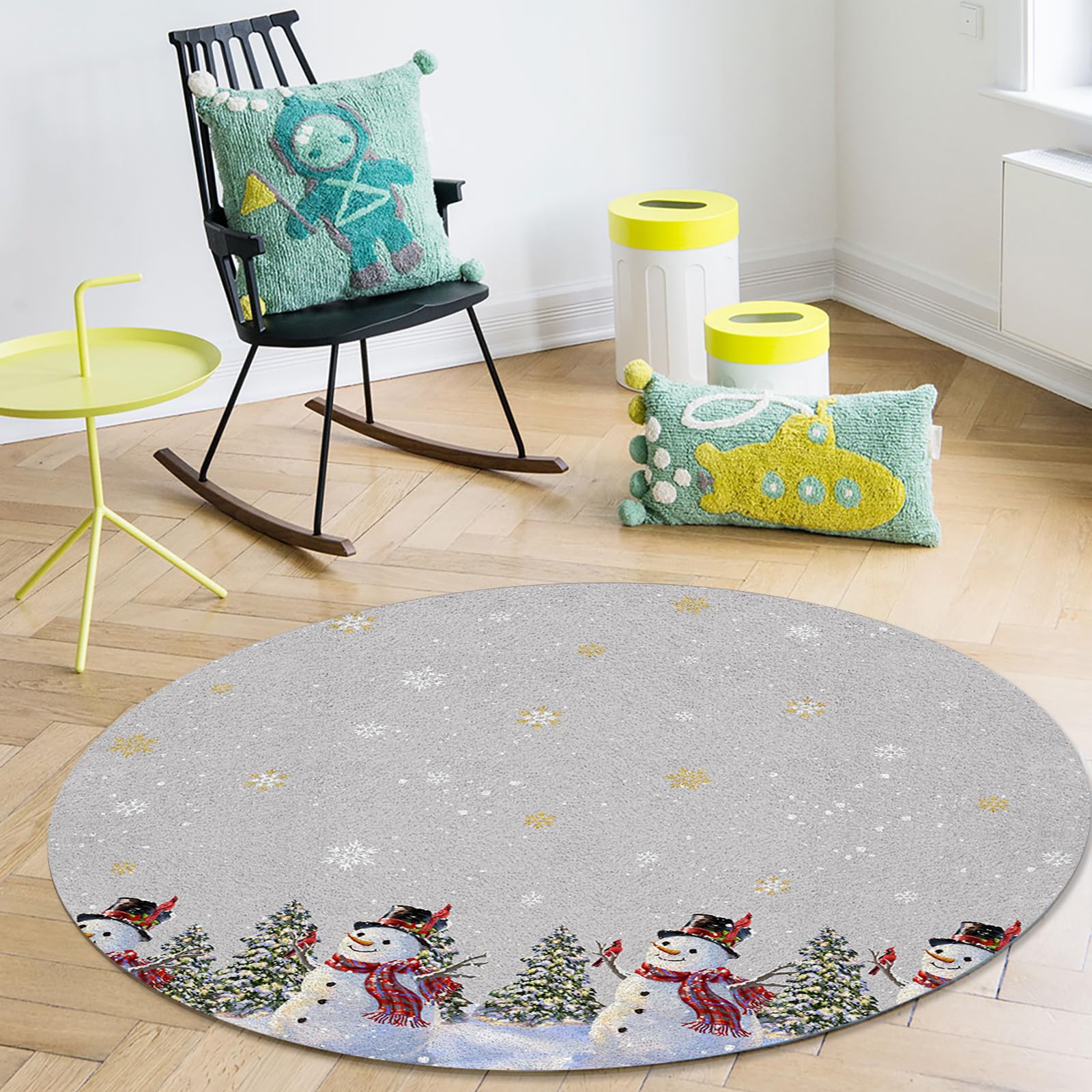 Grey Christmas Area Rug Carpet for Kids Teen Girls Boys Bedroom, Living Room, Washable Outdoor Indoor Accent Throw Runner Floor Mat Area+Rug Winter Snowman Gold Snowflake Tree 3FT(Round)