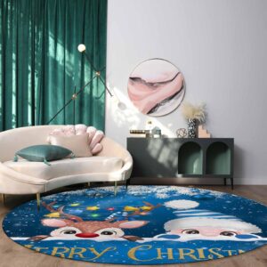 Santa Claus Area Rug Carpet for Kids Teen Girls Boys Bedroom, Living Room, Washable Outdoor Indoor Accent Throw Runner Floor Mat Area+Rug Christmas Elk Cartoon Pine Tree Leaves Blue 3FT(Round)