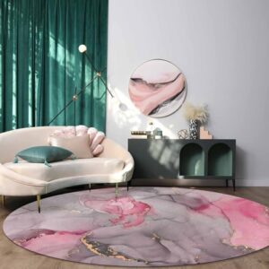 Pink Marble Area Rug Carpet for Kids Teen Girls Boys Bedroom, Living Room, Washable Outdoor Indoor Accent Throw Runner Floor Mat Area+Rug Gold Line Contemporary Geometric Grey 6FT(Round)