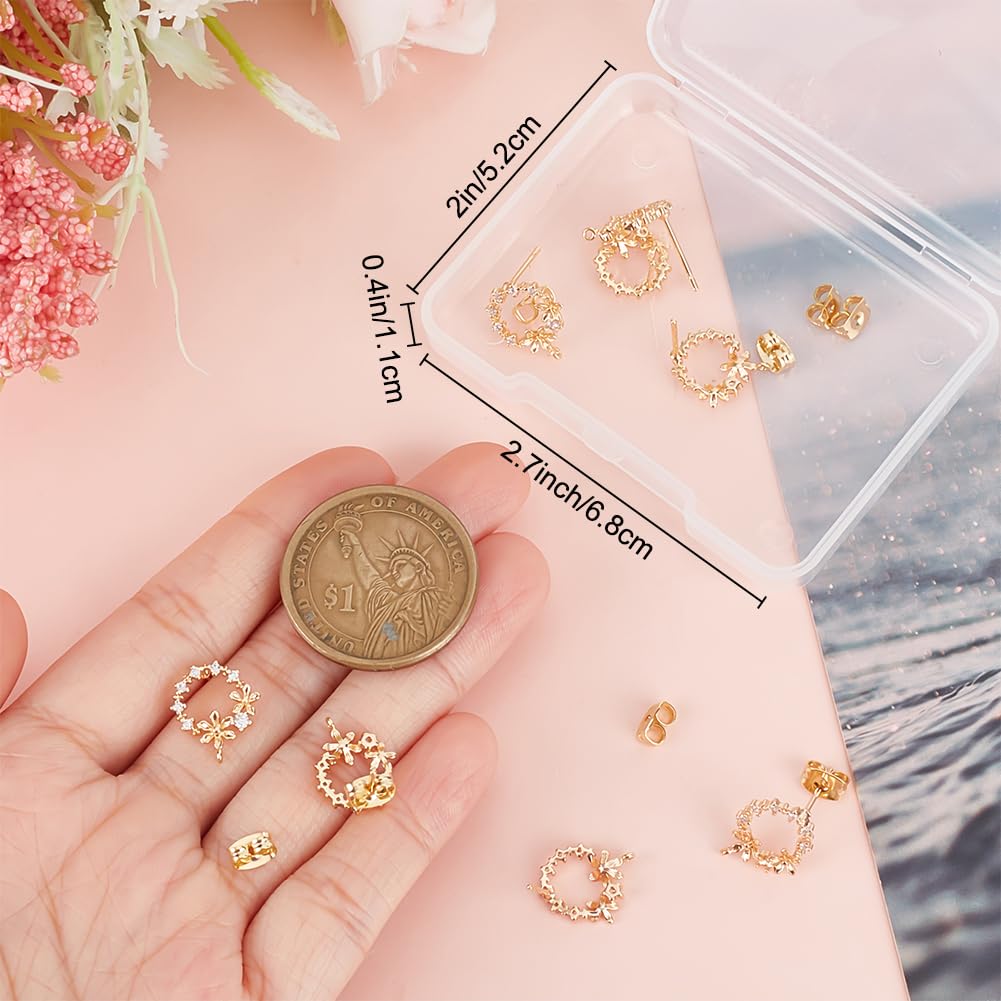 Beebeecraft 1 Box 10Pcs Flower Stud Earring Findings 18K Gold Plated Cubic Zirconia Crystal Ring Oval Circle Earrings Studs with Dangle Loop and Ear Nuts for Earring Making Findings Hole 0.8mm