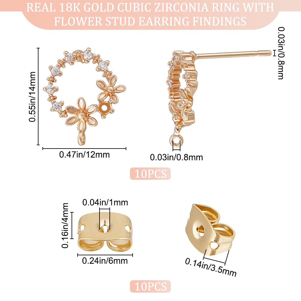 Beebeecraft 1 Box 10Pcs Flower Stud Earring Findings 18K Gold Plated Cubic Zirconia Crystal Ring Oval Circle Earrings Studs with Dangle Loop and Ear Nuts for Earring Making Findings Hole 0.8mm