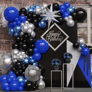 blue and black balloon garland arch kit 136pcs blue and black silver balloon with silver star disco ball balloon for 80s retro birthday graduation disco party decorations