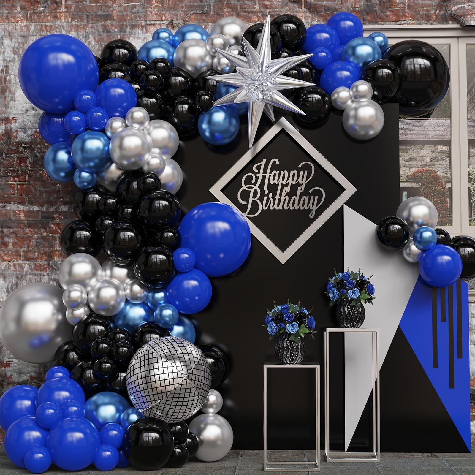 Blue and Black Balloon Garland Arch Kit 136PCS Blue and Black Silver Balloon with Silver Star Disco Ball Balloon for 80s Retro Birthday Graduation Disco Party Decorations