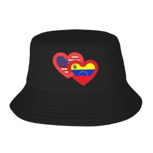 Hearts America and Venezuela Bucket Hats Double-Woven for Women Men Adult Fisherman's Hat Sun Cap Packable Outdoor Fisherman Hat Black