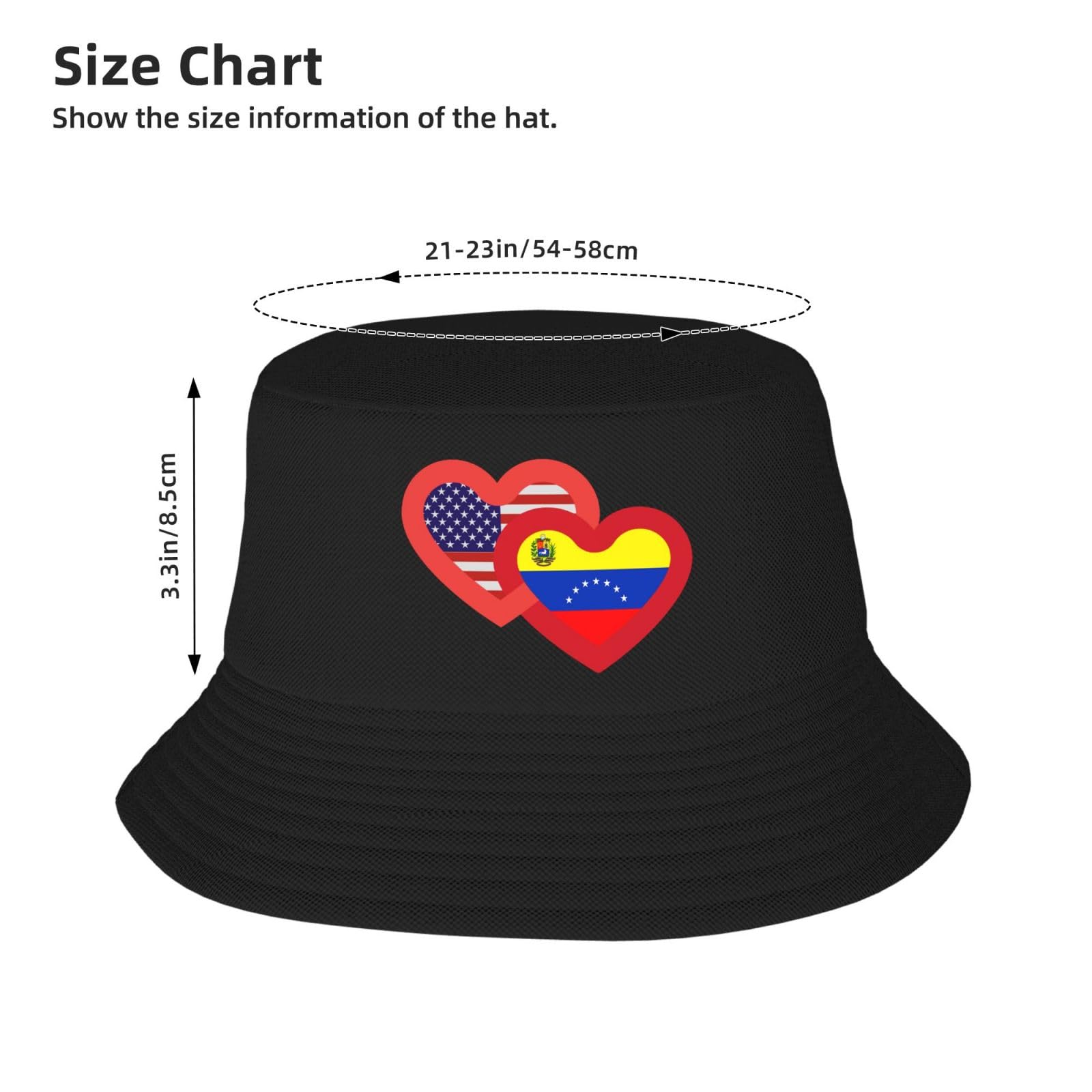 Hearts America and Venezuela Bucket Hats Double-Woven for Women Men Adult Fisherman's Hat Sun Cap Packable Outdoor Fisherman Hat Black