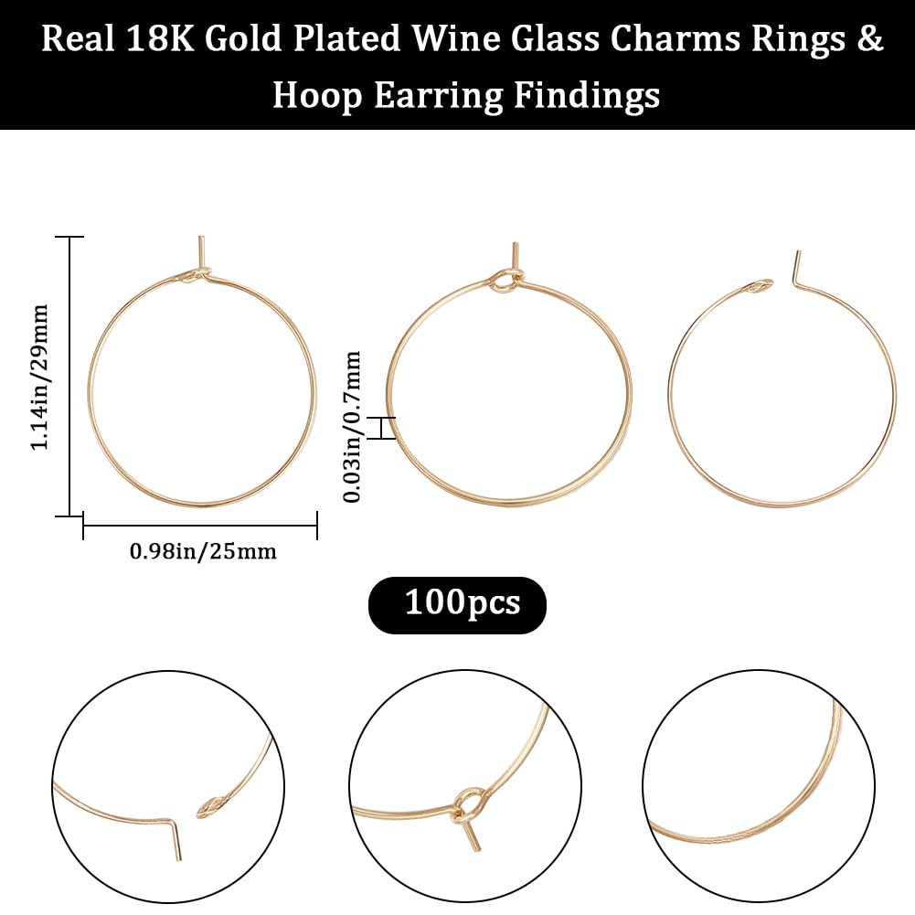 Beebeecraft 1 Box 100Pcs 25mm Wine Glass Charm Rings 18K Gold Plated 316 Stainless Steel Open Round Beading Earring Hoops Findings Supplies for Jewelry Making DIY Craft Kit