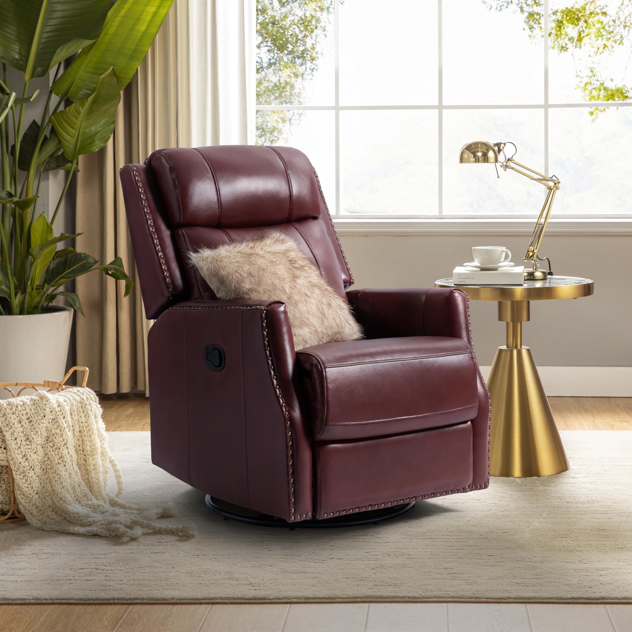 HULALA HOME Genuine Leather Swivel Rocker Recliner with Metal Base, Manual Glider Recliner Chair with Adjustable Backrest & Footrest, Modern Home Theater Sofa Chair for Living Room, Burgundy