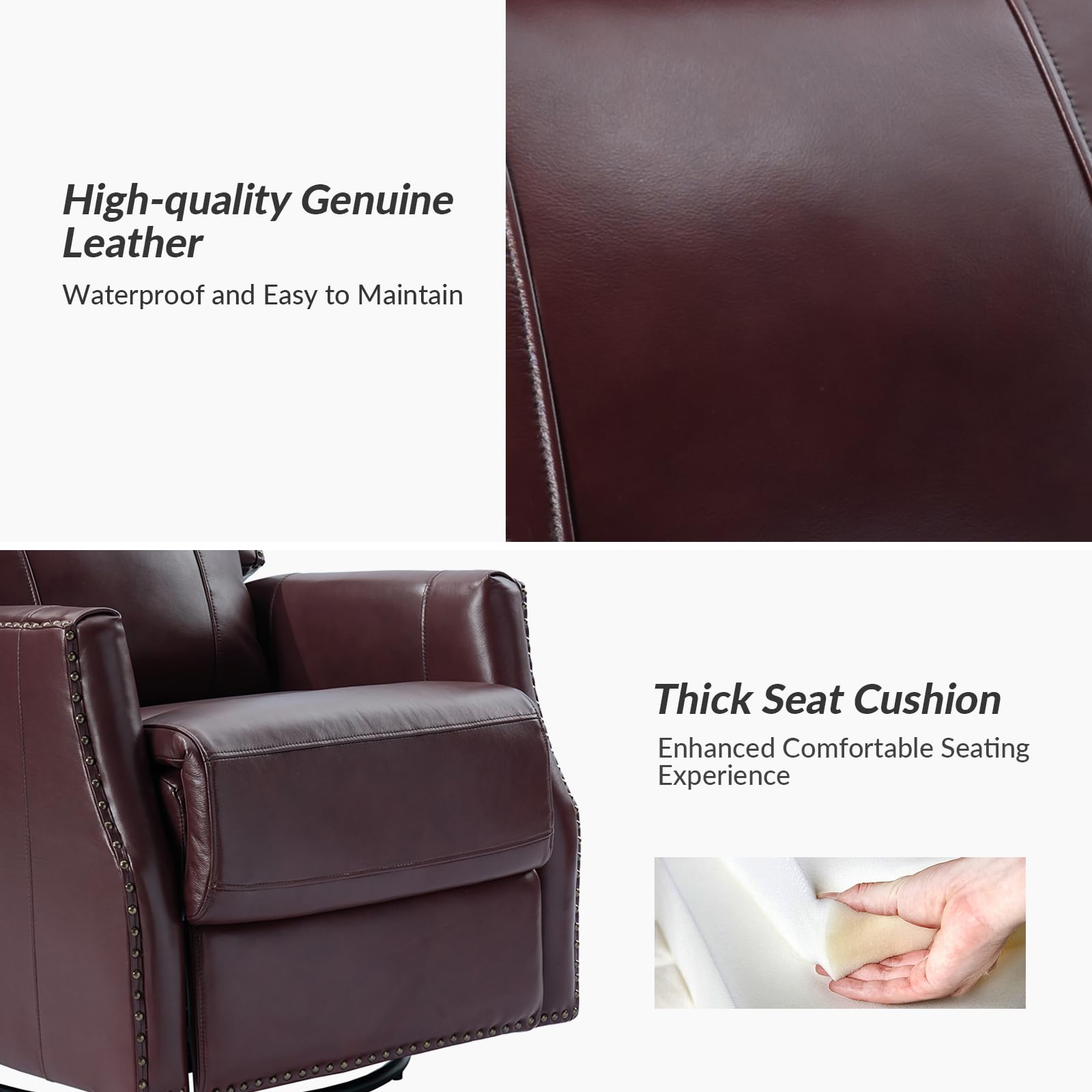 HULALA HOME Genuine Leather Swivel Rocker Recliner with Metal Base, Manual Glider Recliner Chair with Adjustable Backrest & Footrest, Modern Home Theater Sofa Chair for Living Room, Burgundy