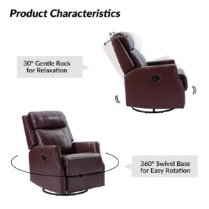 HULALA HOME Genuine Leather Swivel Rocker Recliner with Metal Base, Manual Glider Recliner Chair with Adjustable Backrest & Footrest, Modern Home Theater Sofa Chair for Living Room, Burgundy